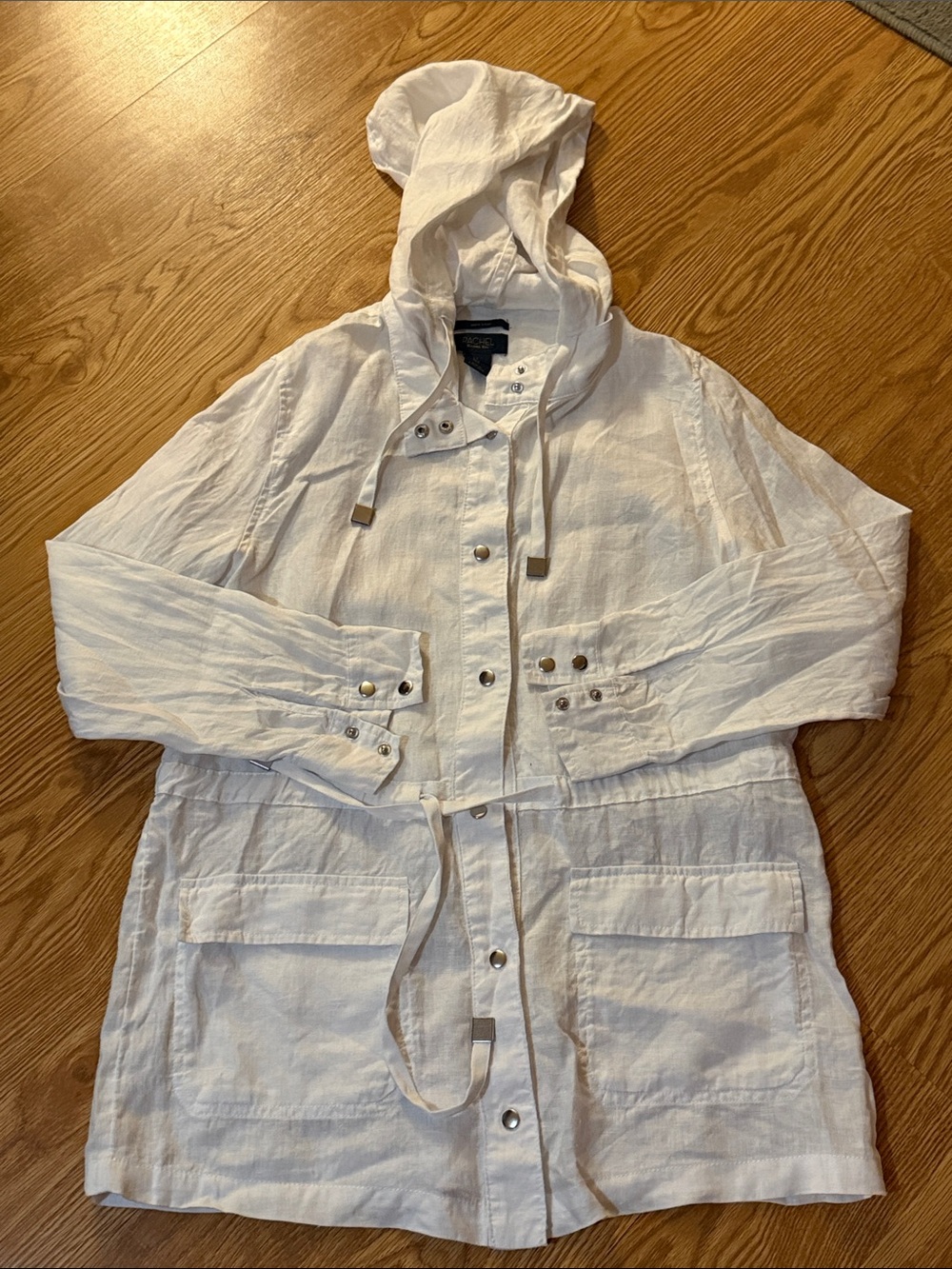 RACHEL Rachel Roy White 100% Linen Hooded Button-Front Trench Jacket